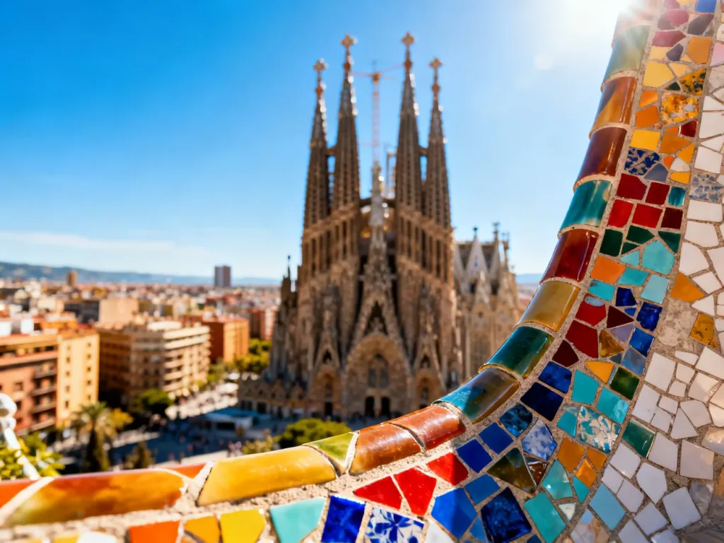 Wieże bazyliki Sagrada Familia na tle błękitnego nieba oraz kolorowa mozaika w stylu Gaudiego.