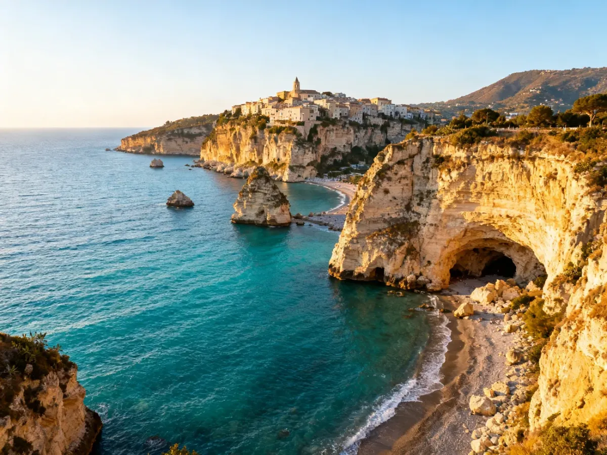 Panoramiczny widok wybrzeża Kalabrii z turkusowym morzem, klifami i miasteczkiem Tropea