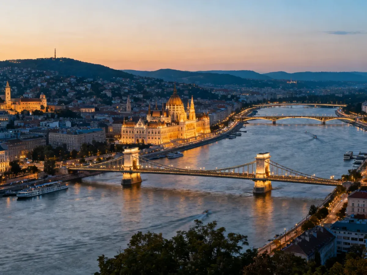 Panorama Budapesztu z Dunajem, Parlamentem i wzgórzami Budy