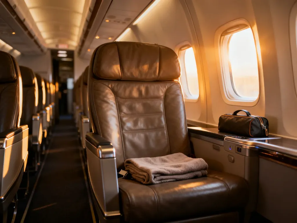 Wygodny fotel w klasie premium economy z dodatkową przestrzenią na nogi, kocem i zestawem podróżnym w nowoczesnym samolocie.