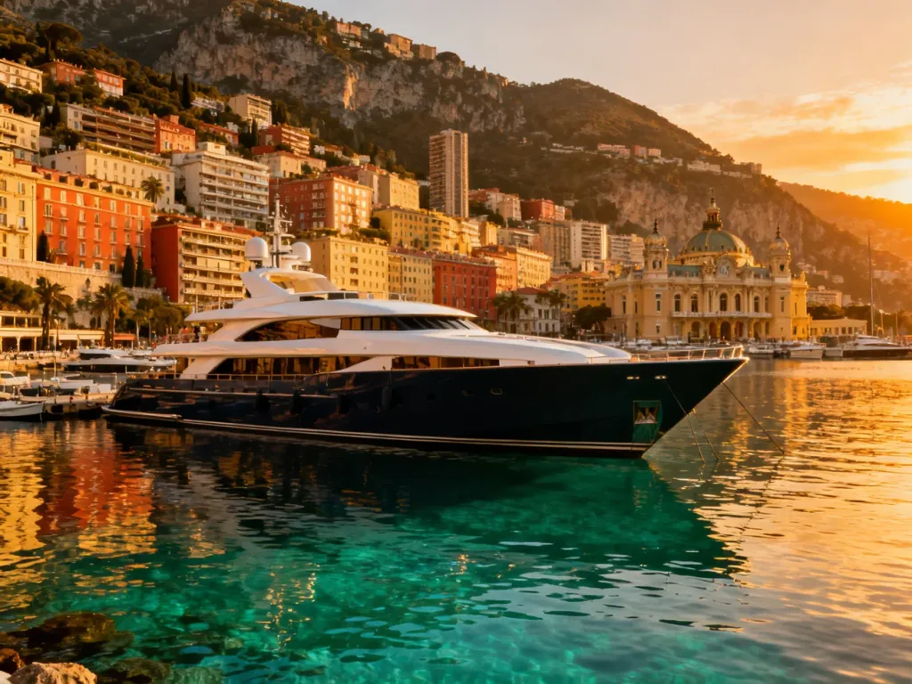 Panoramiczny widok na port w Monako o zachodzie słońca, z luksusowym jachtem i zabudową Monte Carlo w tle.
