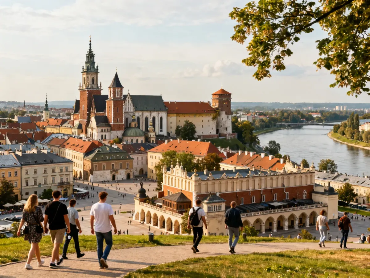 Panoramiczny widok historycznego centrum Krakowa z Wawelem i Wisłą