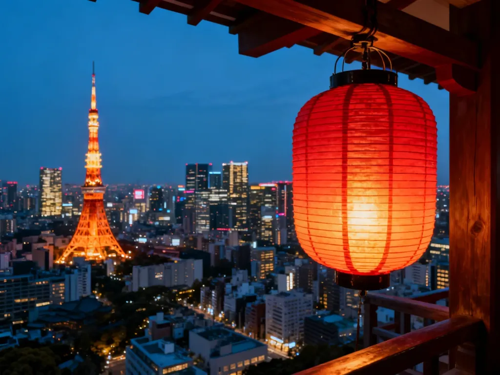 Widok na panoramę Tokio o zmierzchu z tradycyjnym lampionem na pierwszym planie i oświetloną wieżą Tokyo Tower w tle.