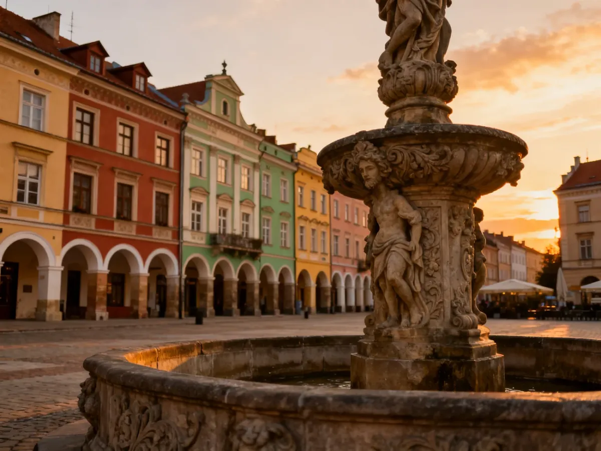 Zabytkowy rynek w Jeleniej Górze z ozdobną fontanną i kolorowymi kamienicami w blasku zachodzącego słońca.
