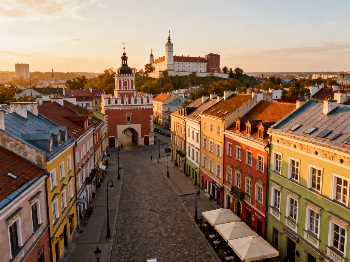 Panoramic view of Lublin Old Town with historic townhouses and the castle