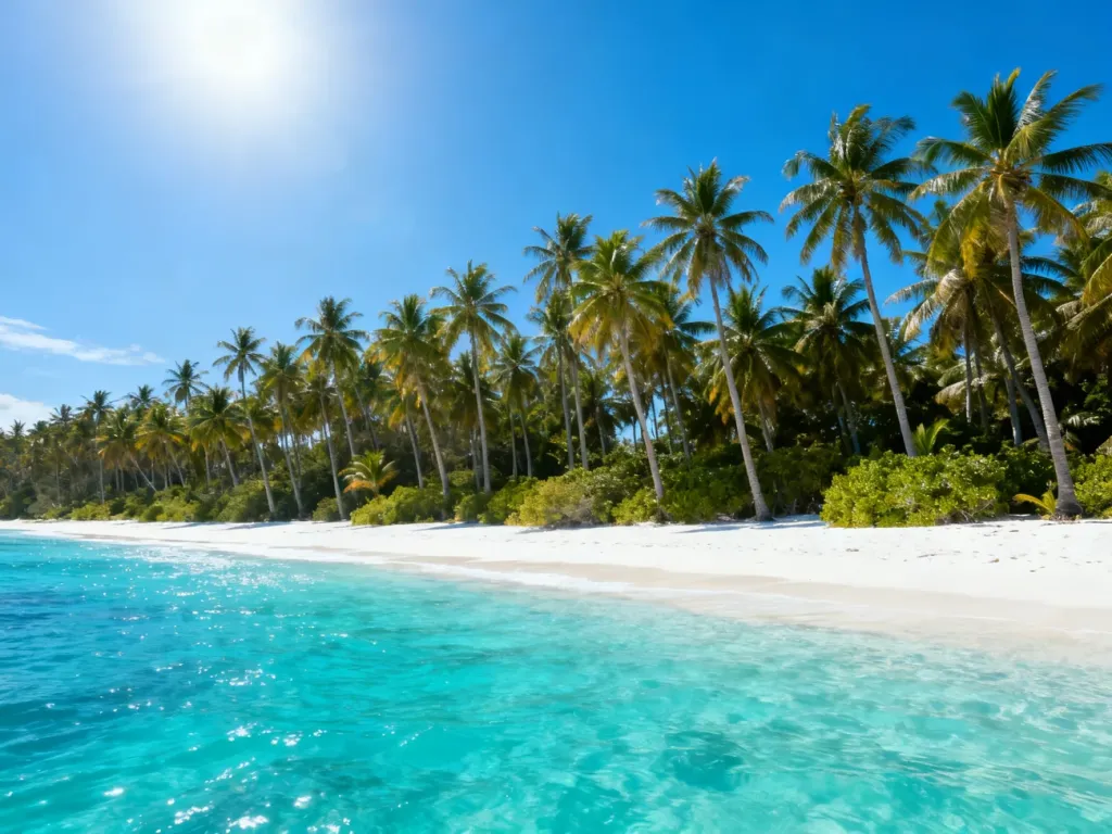 Piaszczysta plaża z turkusową wodą i palmami na Zanzibarze, idealna na słoneczne wakacje.