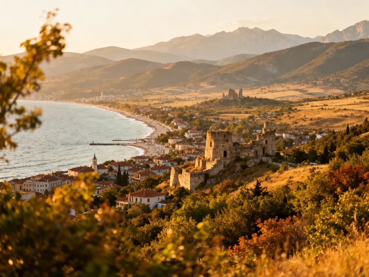 Panoramic view symbolizing Bulgaria’s coastline, historic towns and mountains