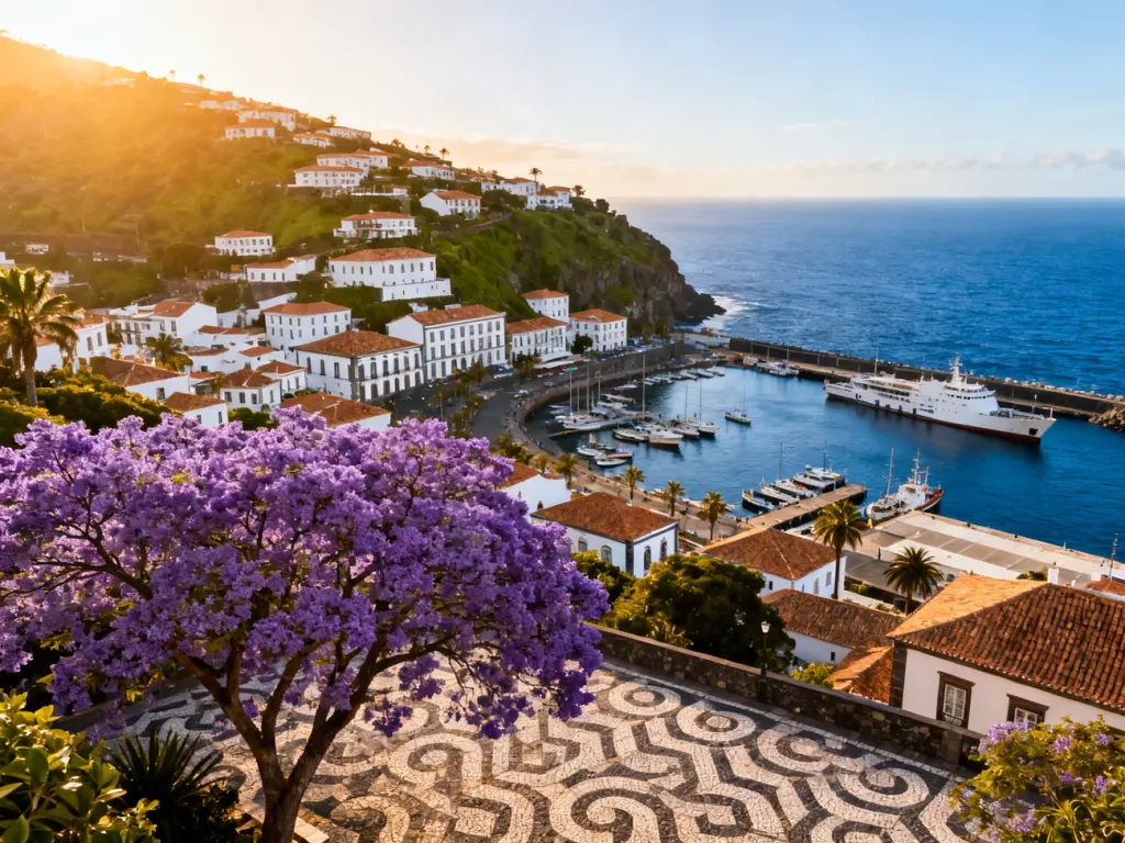 Panoramiczny widok na port w Funchal o zachodzie słońca, z kwitnącymi jakarandami na pierwszym planie.