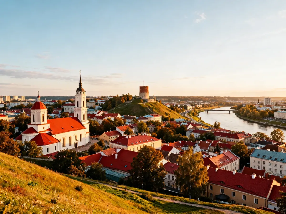 Panorama Wilna z czerwonymi dachami Starego Miasta i wieżami kościołów