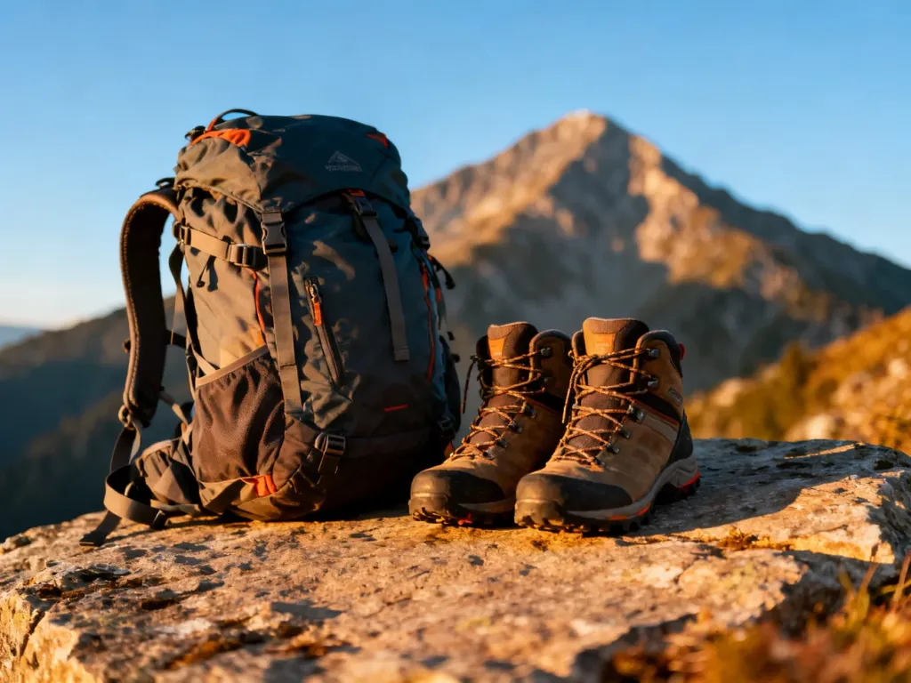 Profesjonalny plecak turystyczny i buty trekkingowe na górskiej skale z malowniczym pasmem gór w tle.