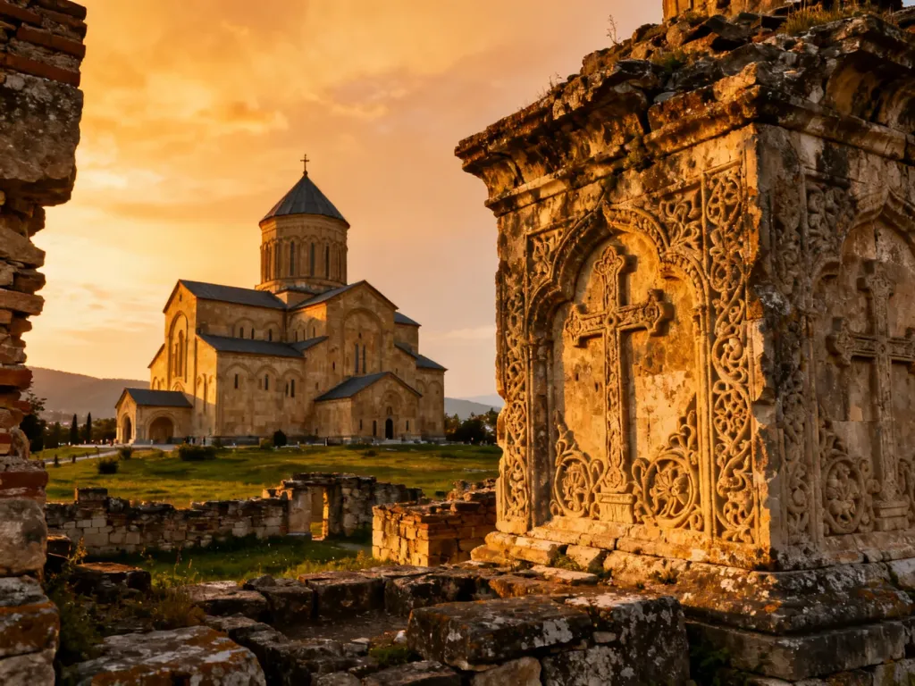 Katedra Bagrati w Kutaisi o zachodzie słońca, widoczna na tle zabytkowych kamiennych ruin.