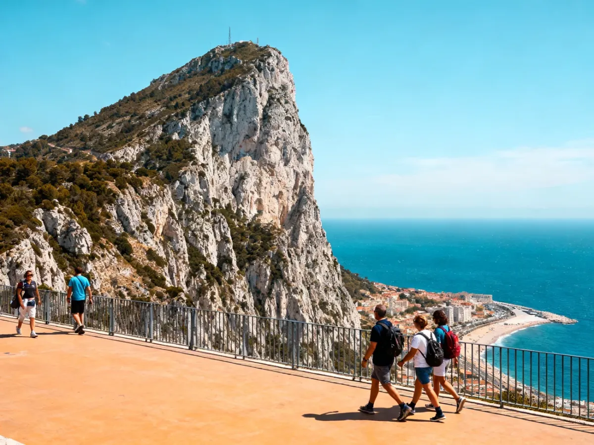Panoramiczny widok na Skałę Gibraltarską i Morze Śródziemne