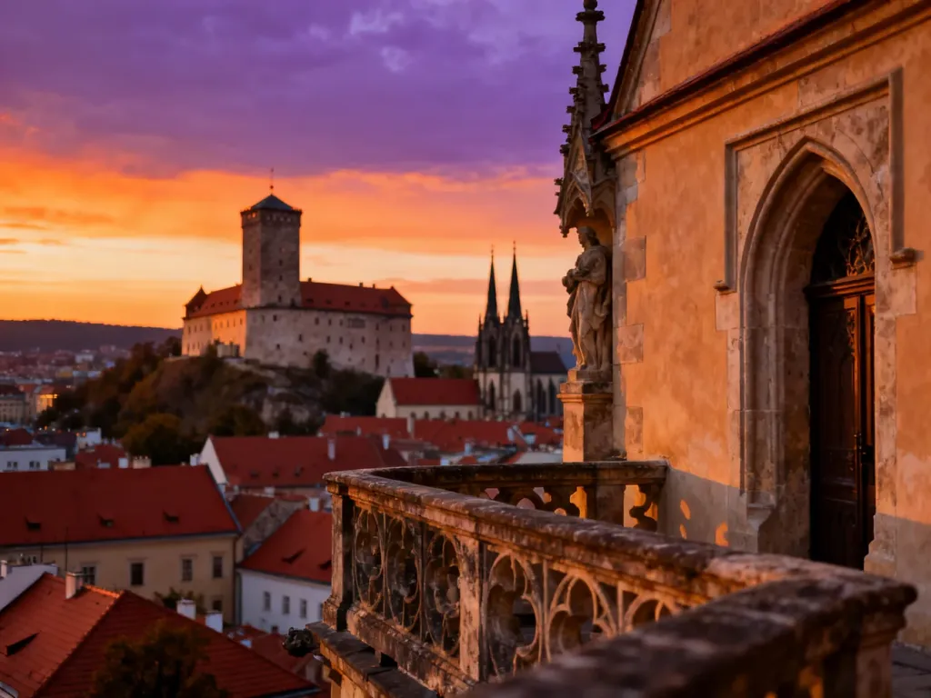 Zamek Špilberk górujący nad historycznym centrum Brna w ciepłym świetle zachodzącego słońca.