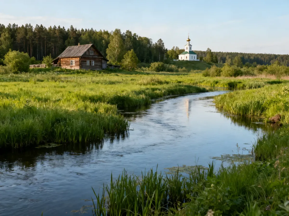 Spokojny krajobraz Podlasia z rzeką, lasem i drewnianą architekturą