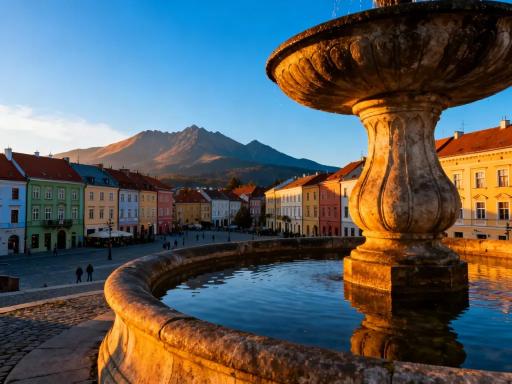 Widok na zabytkowy rynek w Jeleniej Górze z fontanną na pierwszym planie oraz panoramą Karkonoszy w promieniach wschodu słońca.