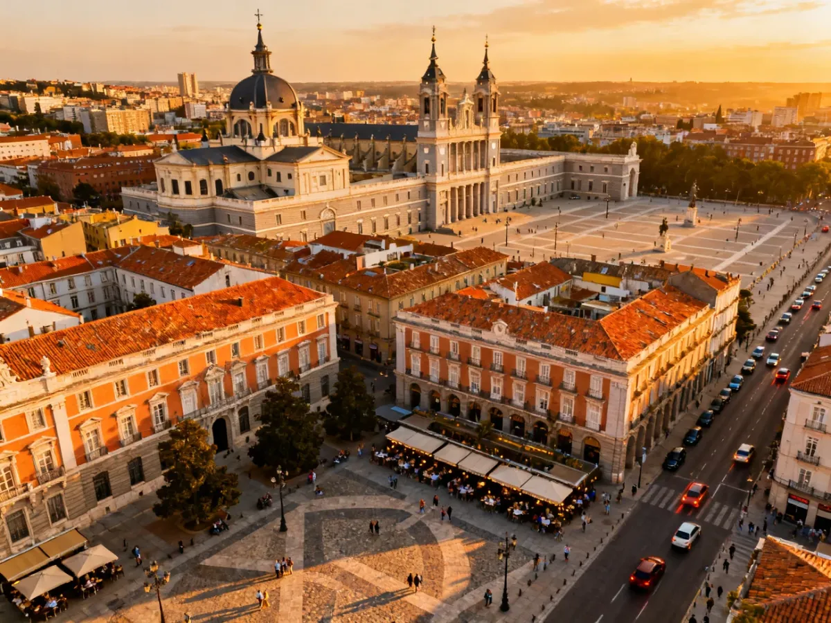 Panoramiczny widok centrum Madrytu z Pałacem Królewskim i Katedrą Almudena