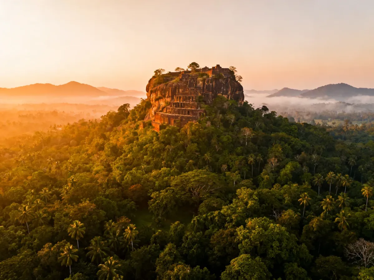 Panoramic view of Sri Lanka with an ancient rock fortress surrounded by jungle