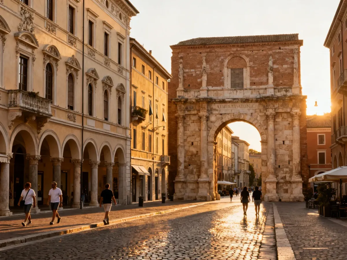 Historyczne centrum Rimini z Łukiem Augusta i renesansową architekturą