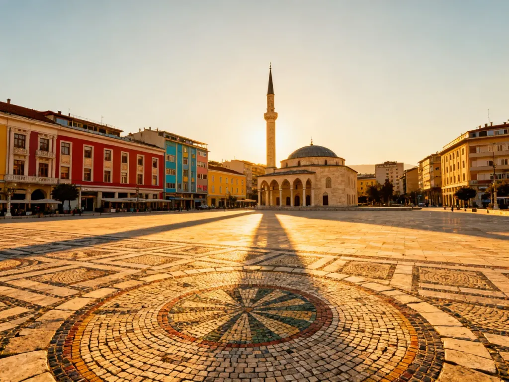 Plac Skanderbega w Tiranie o zachodzie słońca z widokiem na meczet Et'hem Bey i kolorową architekturę centrum miasta.