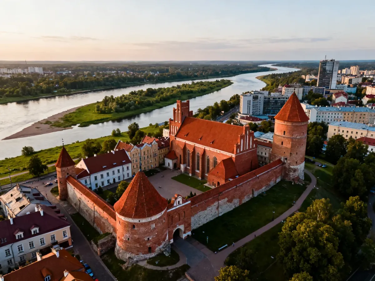 Panorama Kowna z historyczną starówką, zielonymi brzegami rzek i zbiegiem Niemna oraz Wilii