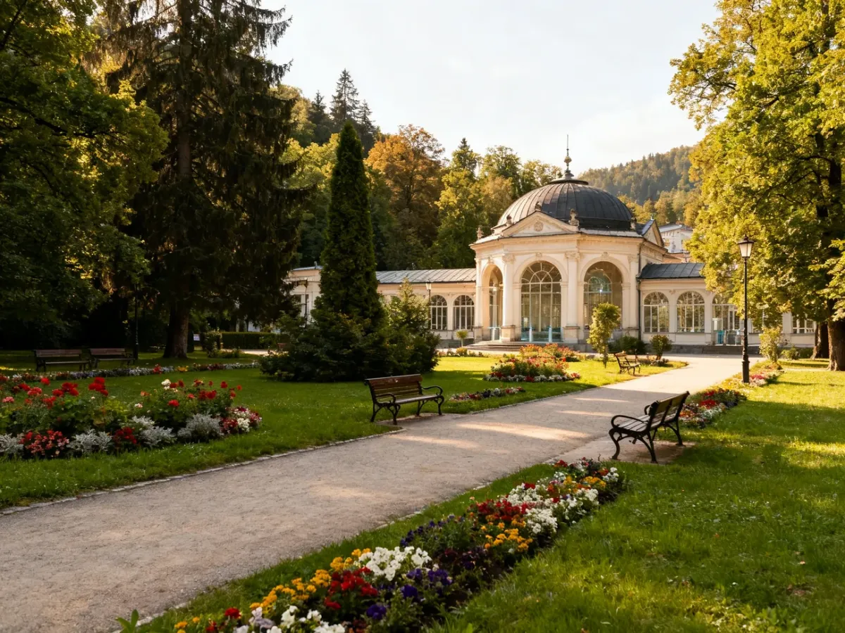 Park Zdrojowy w Polanicy-Zdroju z alejkami, zielenią i pijalnią wód mineralnych w tle