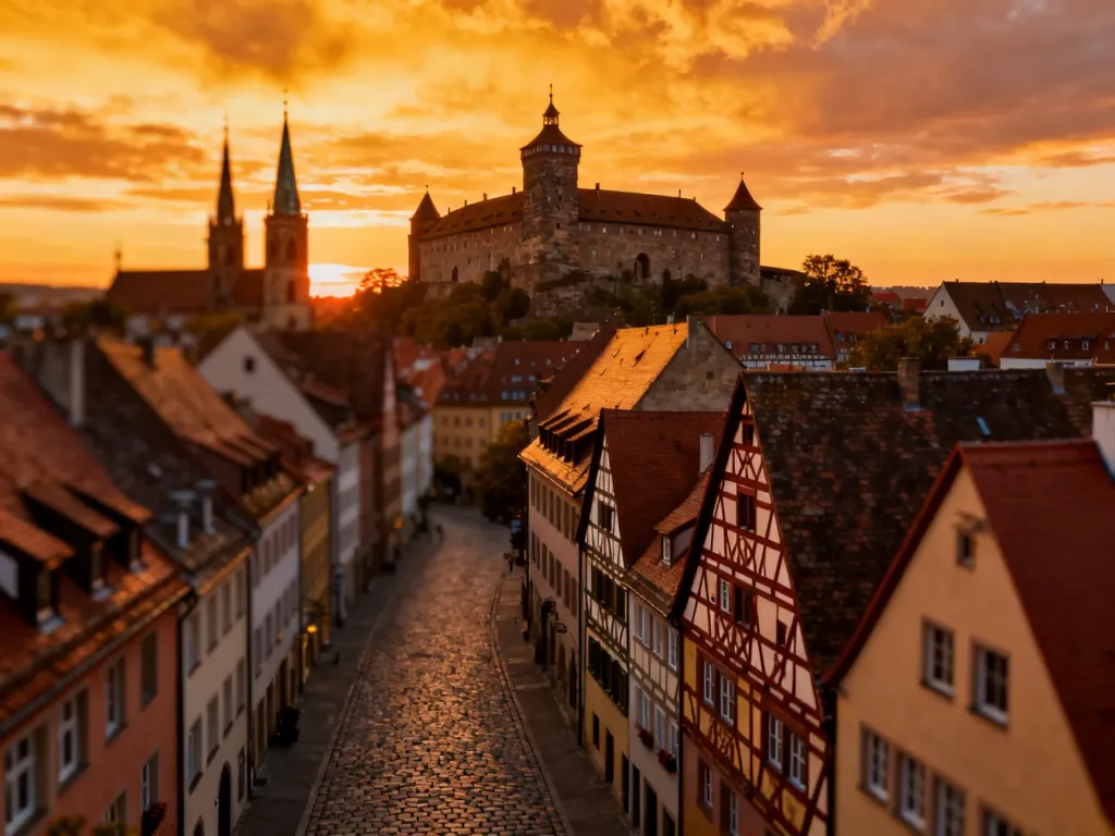 Zamek cesarski Kaiserburg górujący nad historycznym centrum Norymbergi w blasku zachodzącego słońca.