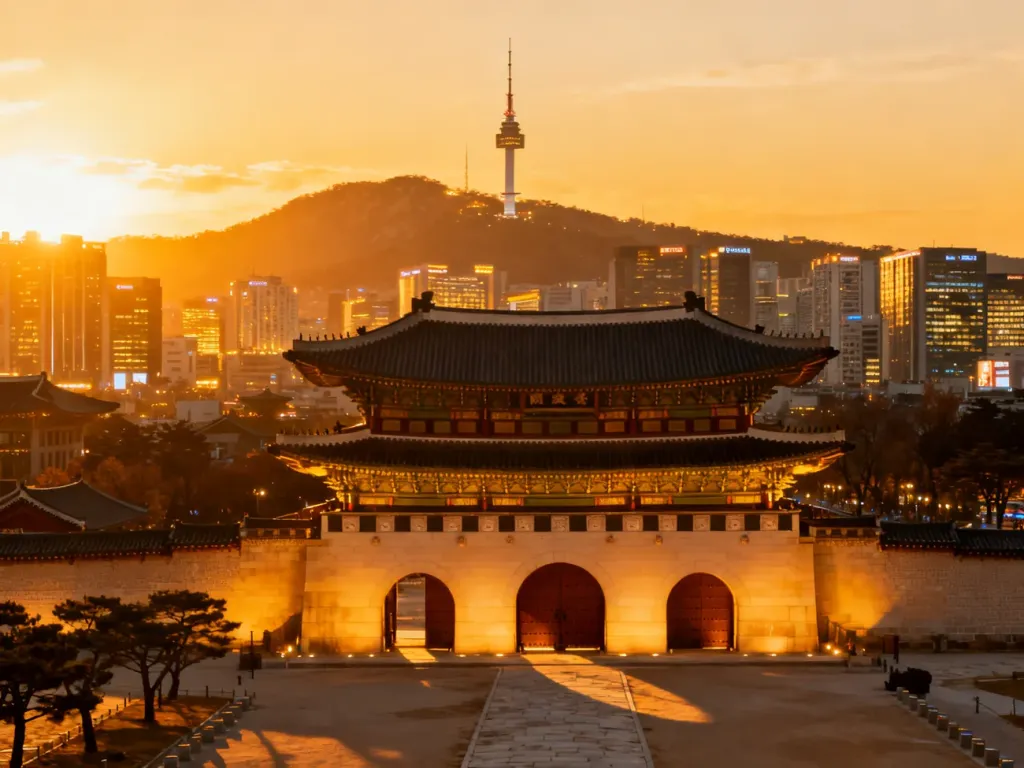 Tradycyjna brama pałacowa w Seulu o zachodzie słońca na tle nowoczesnych wieżowców i wieży N Seoul Tower.