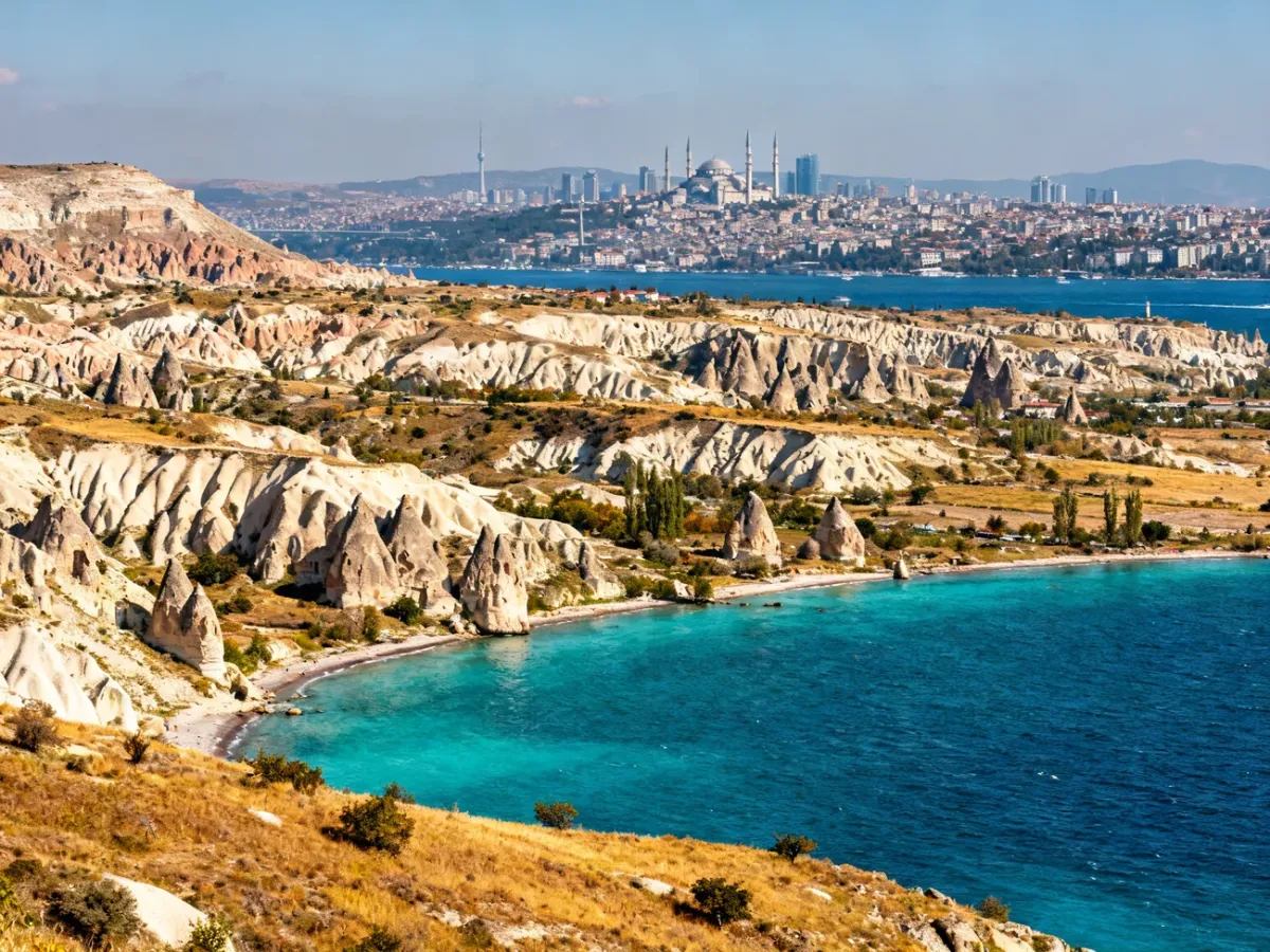 Panoramic collage-like view of Turkey’s varied landscapes, from Istanbul to Cappadocia and the Mediterranean coast