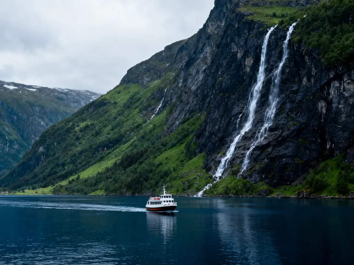 Statek wycieczkowy na tle stromych zboczy norweskiego fiordu i wodospadów