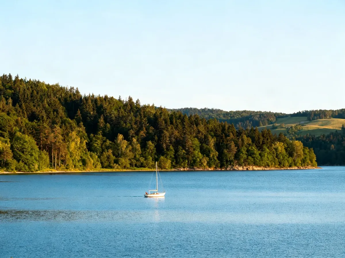Panorama Mazur z jeziorem, żaglówką i lasami