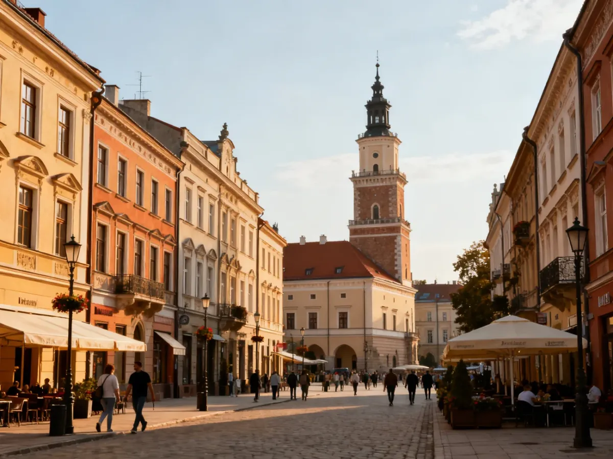 Rynek w Rzeszowie z zabytkowymi kamienicami i ratuszem