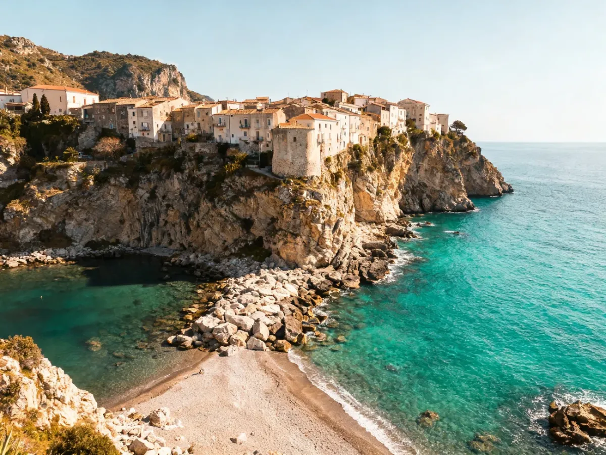 Panoramic view of a cliffside Calabrian village above the turquoise Tyrrhenian Sea