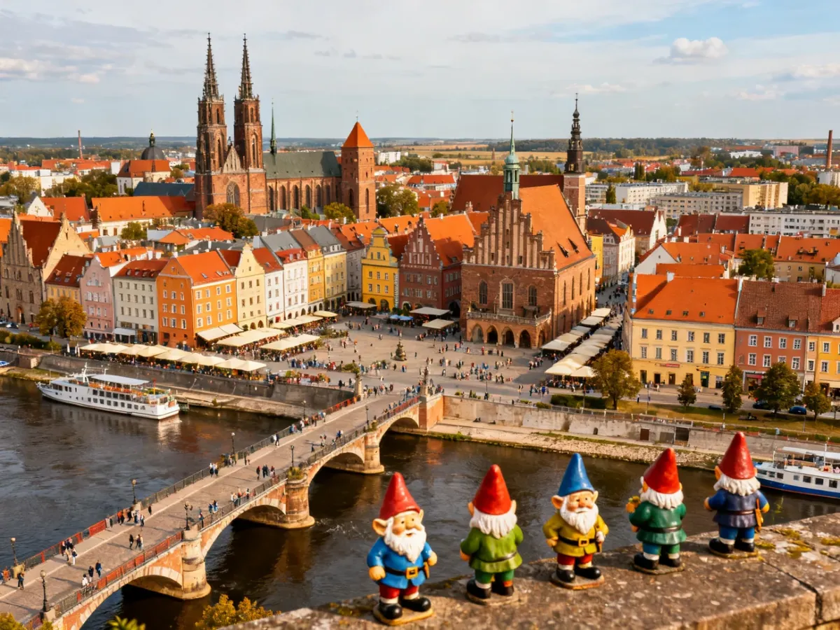 Panoramic view of Wrocław with the colorful Market Square, river and historic architecture