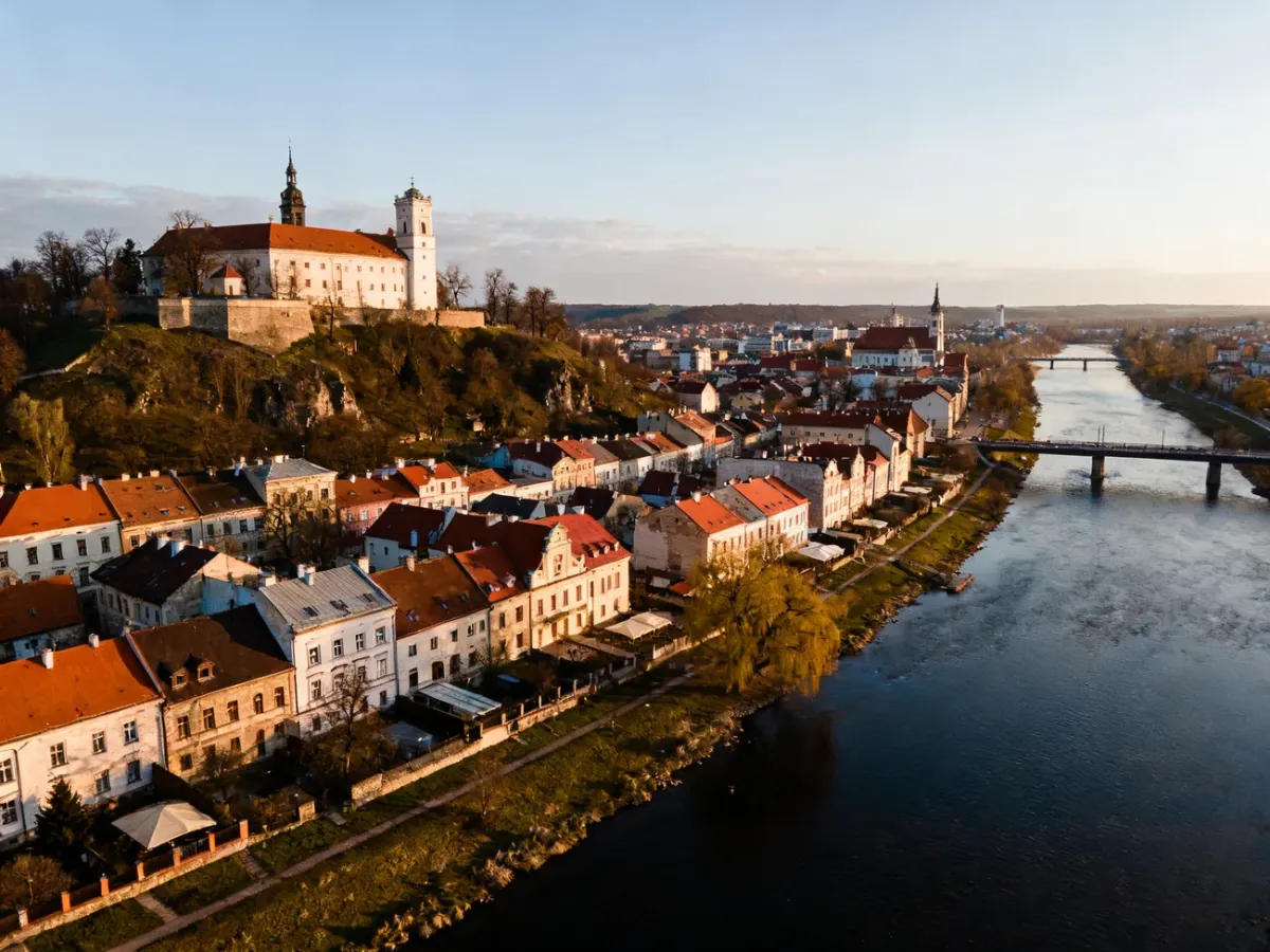 Panoramic view of Cieszyn, the Olza River and the bridge to Český Těšín