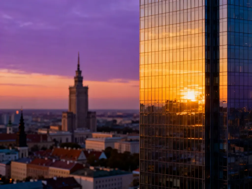 Panorama Warszawy o zachodzie słońca, ukazująca nowoczesne wieżowce w sąsiedztwie Pałacu Kultury i Nauki oraz Starego Miasta.