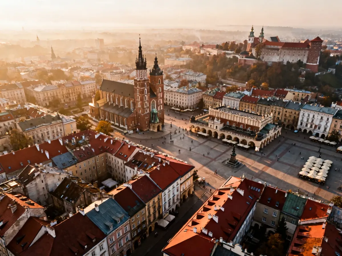 Panorama historycznego Krakowa z Rynkiem Głównym i Wawelem