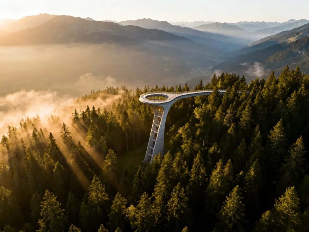 Wieża Sky Walk w Świeradowie-Zdroju wznosząca się nad gęstym, zielonym lasem w porannym świetle.