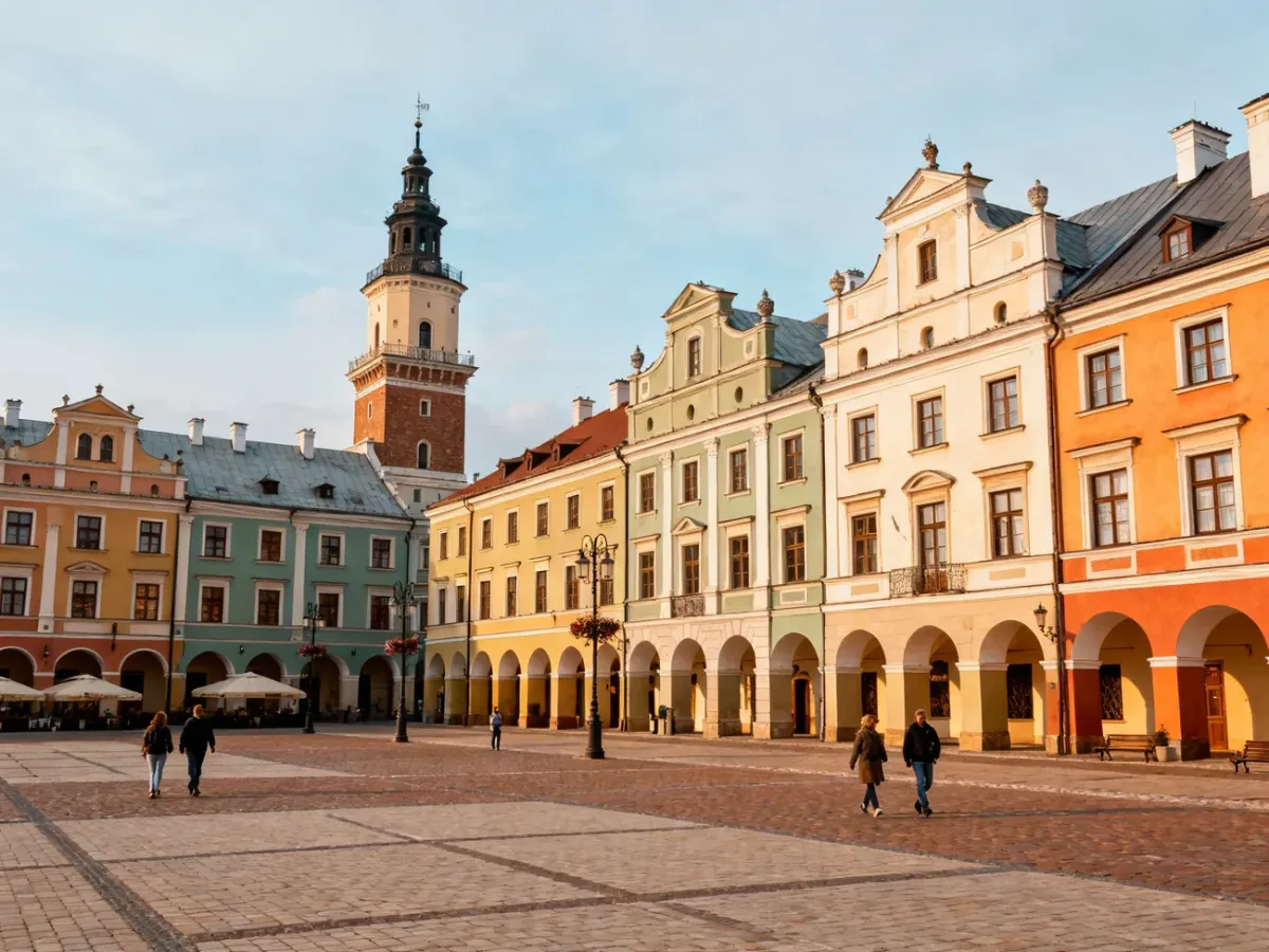 Rynek Wielki w Zamościu otoczony kolorowymi renesansowymi kamienicami