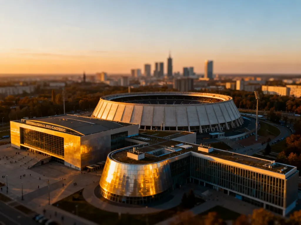 Ikoniczna hala Spodek w Katowicach o zachodzie słońca w otoczeniu nowoczesnej architektury Międzynarodowego Centrum Kongresowego.