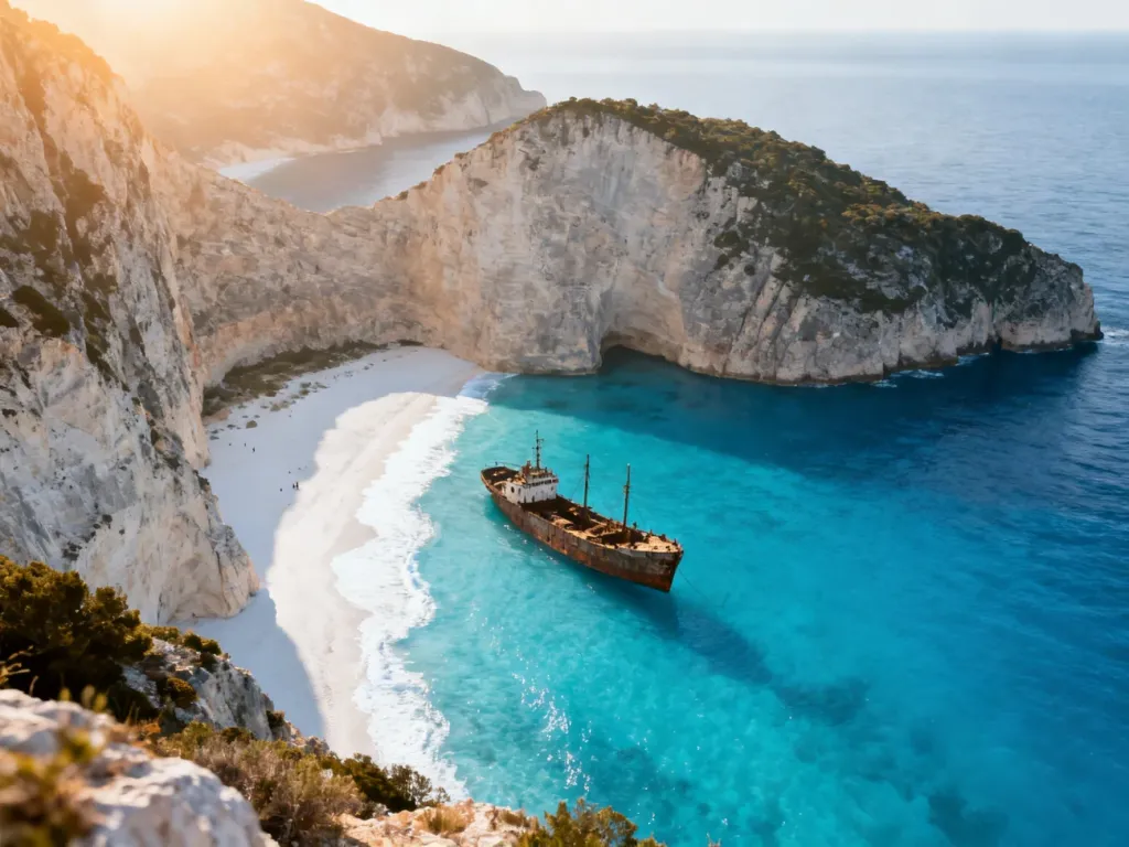 Panoramiczny widok na plażę Navagio z wrakiem statku, turkusową wodą i otaczającymi ją wysokimi wapiennymi klifami.