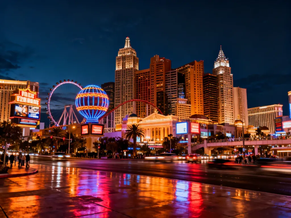 Panoramiczny widok na nocne Las Vegas Strip z charakterystycznymi, neonowymi fasadami hoteli i rozświetlonymi wieżowcami.