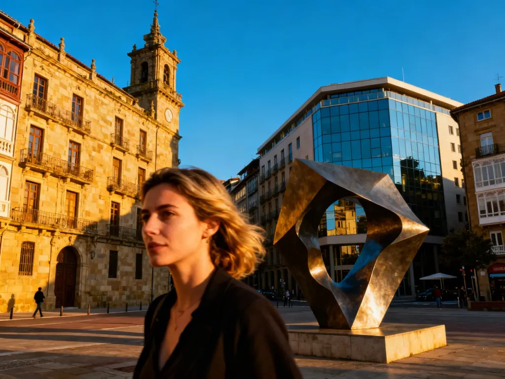 Kobieta spacerująca ulicą w Kraju Basków, gdzie historyczna architektura łączy się z nowoczesnymi budynkami i sztuką.