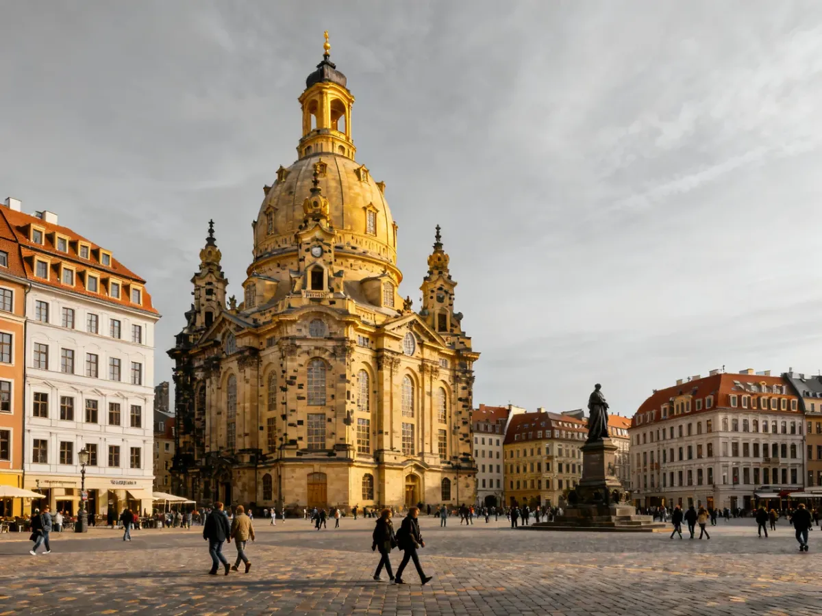 Panorama odbudowanego Starego Miasta w Dreźnie z widoczną Frauenkirche