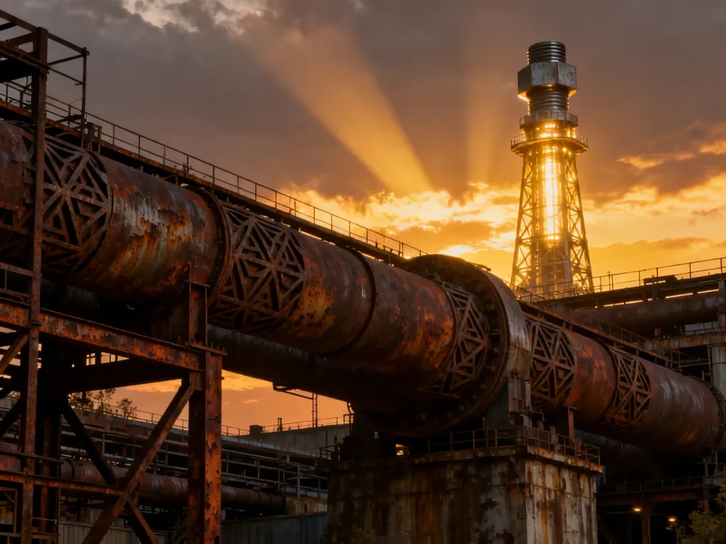 Industrialny kompleks Dolní Vítkovice z wieżą Bolt Tower na tle zachodzącego słońca w Ostrawie.