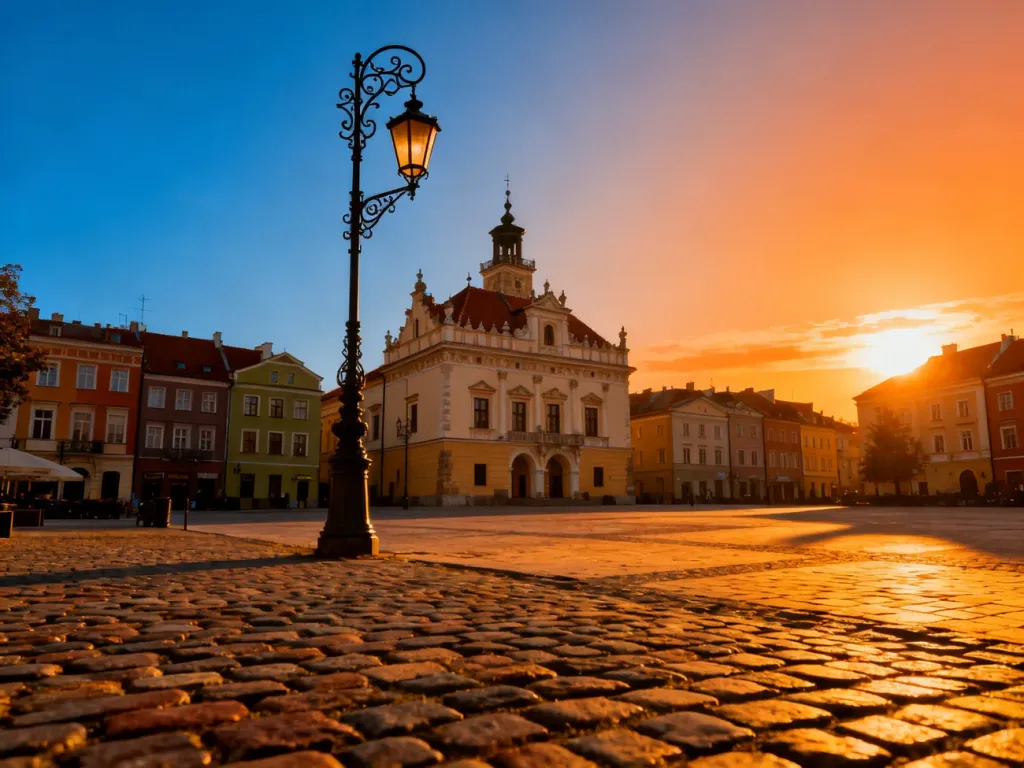 Rynek w Sandomierzu o zachodzie słońca z widokiem na renesansowy ratusz i zabytkowe kamienice.