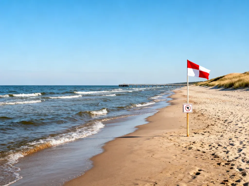 Pusta plaża nad Bałtykiem z czerwoną flagą ostrzegawczą i wieżyczką ratownika, zamknięte kąpielisko latem