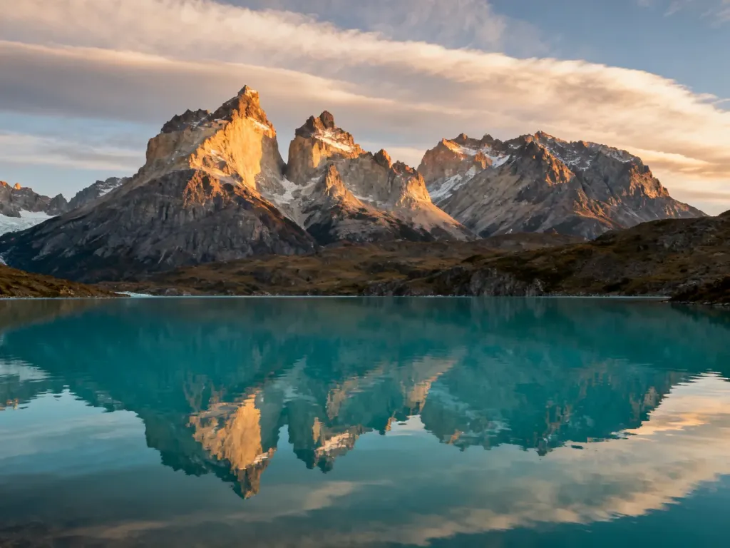 Turkusowe jezioro u podnóża strzelistych szczytów Torres del Paine w chilijskiej Patagonii podczas złotej godziny.