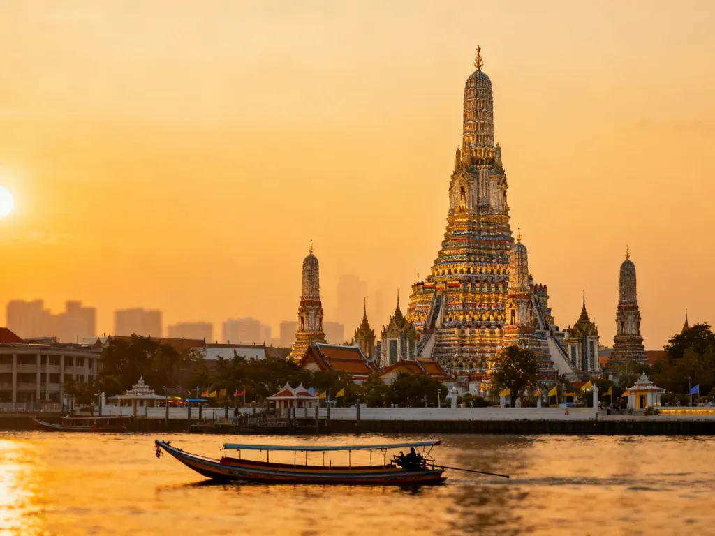 Świątynia Wat Arun o zachodzie słońca z łodziami na rzece Menam w Bangkoku.