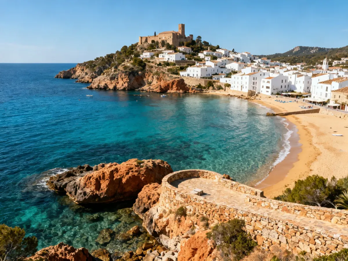 Panoramiczny widok wybrzeża Costa Brava z zatokami, plażą i białymi miasteczkami