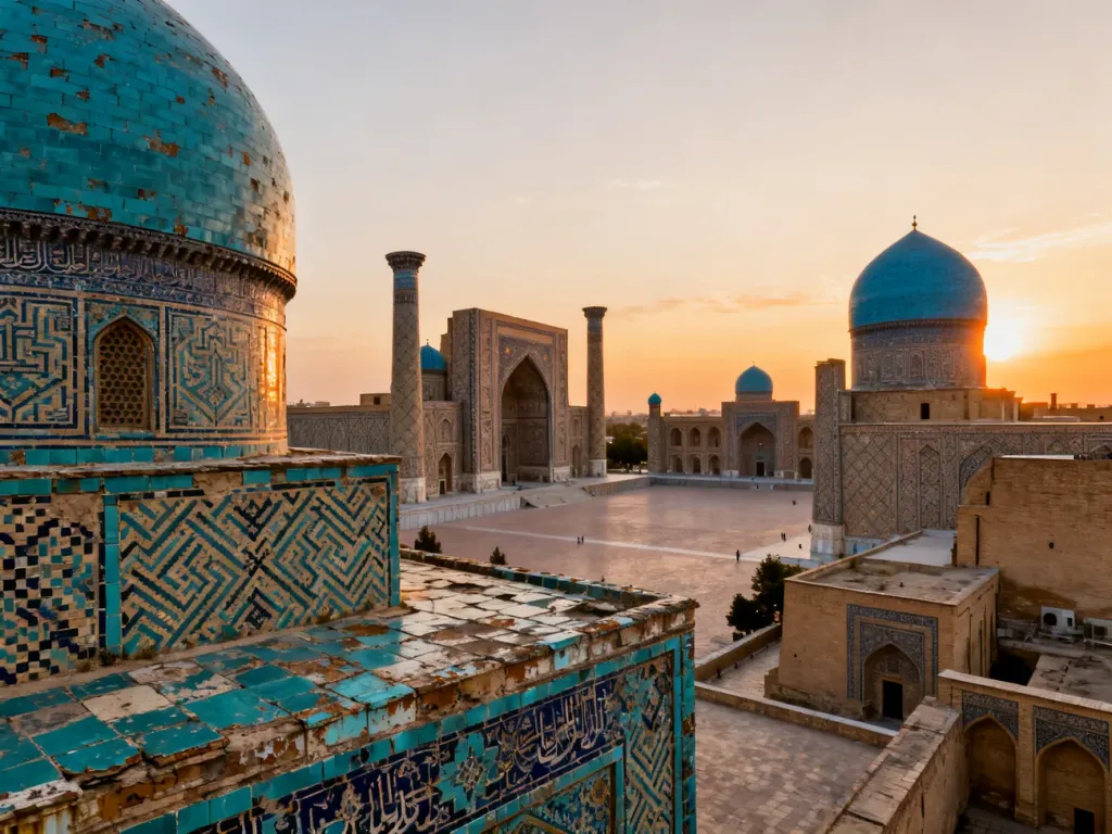 Złota godzina nad placem Registan w Samarkandzie z widocznymi detalami mozaik, minaretami i błękitnymi kopułami medres.
